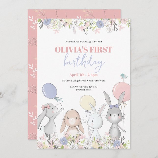 Cute Bunnies Birthday Invitation (Front/Back)