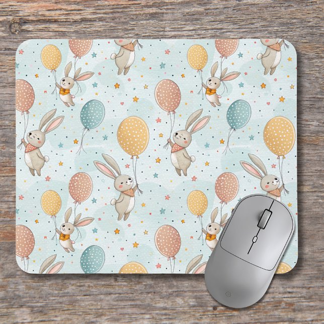 Cute Bunnies Holding Pastel Egg Balloons Mouse Pad (Creator Uploaded)