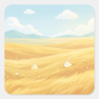 Cute Bunnies in Golden Wheat Field Landscape Square Sticker