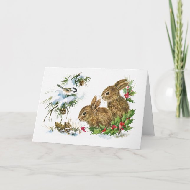 Cute Bunnies in the Snow at Christmas Holiday Card (Front)