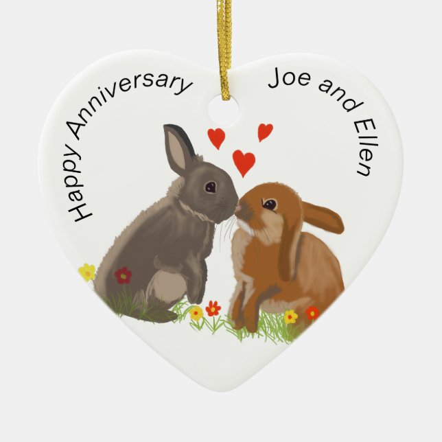 Cute Bunnies Kissing Anniversary Heart Ceramic Tree Decoration (Front)