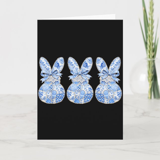 Cute Bunnies Patchwork Coquette Bow Eggs Happy Eas Card (Front)