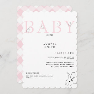 Cute Bunnies Pink Gingham Baby Girl Shower Invitation