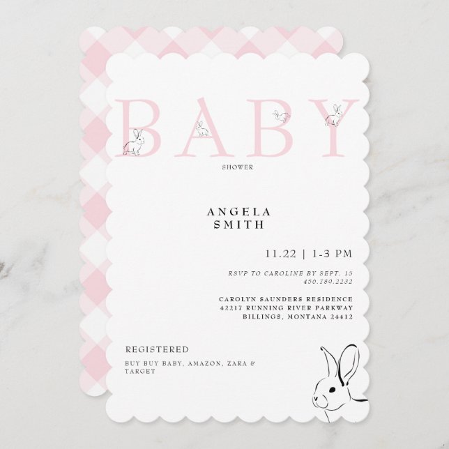 Cute Bunnies Pink Gingham Baby Girl Shower Invitation (Front/Back)