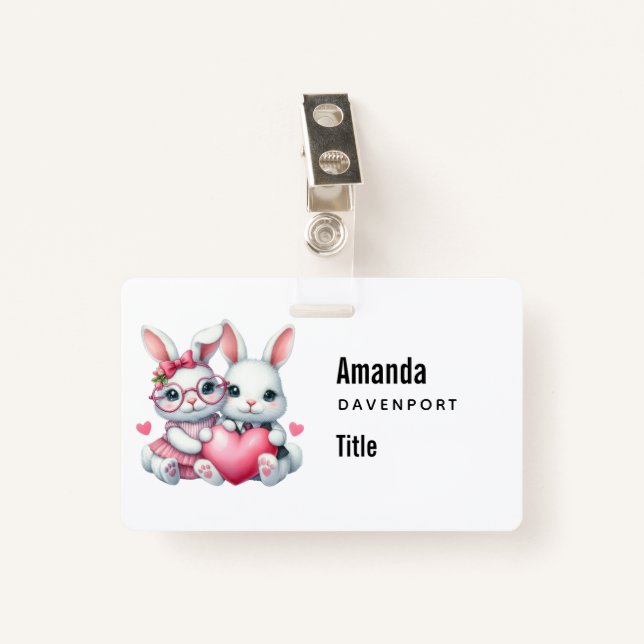 Cute Bunnies Sharing a Heart ID Badge (Front with Clip)