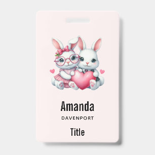 Cute Bunnies Sharing a Heart ID Badge