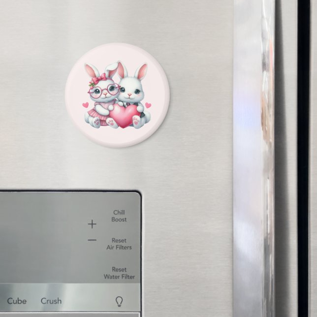 Cute Bunnies Sharing a Heart Magnet (In Situ (Fridge))