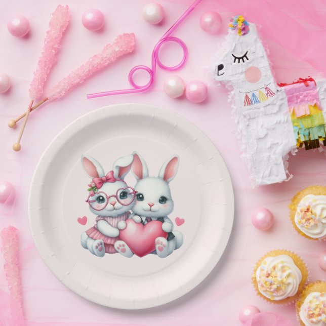 Cute Bunnies Sharing a Heart Paper Plate (Party)