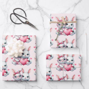 Cute Bunnies Sharing a Heart Pattern Wrapping Paper Sheet