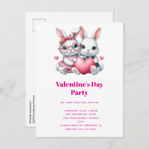 Cute Bunnies Sharing a Heart Valentine's Party Invitation Postcard