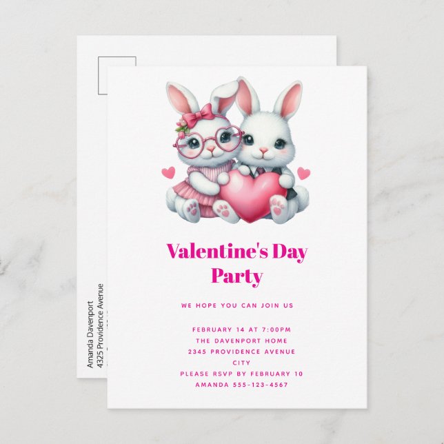 Cute Bunnies Sharing a Heart Valentine's Party Invitation Postcard (Front/Back)