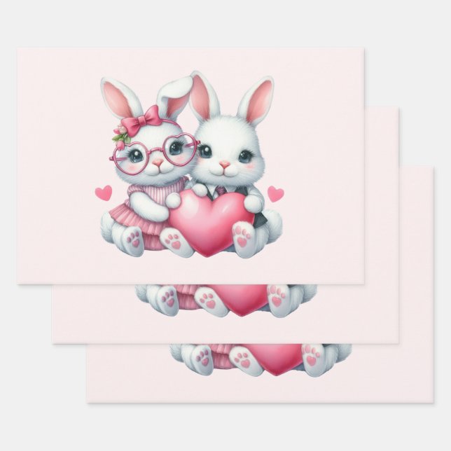 Cute Bunnies Sharing a Heart Wrapping Paper Sheet (Set)