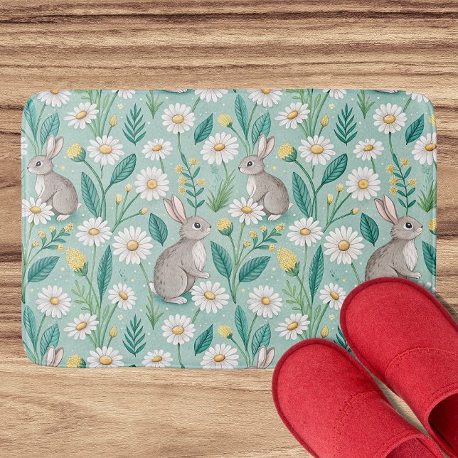 Cute Bunnies Sitting Among White Daisies Bath Mat (Creator Uploaded)