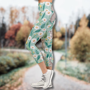 Cute Bunnies Sitting Among White Daisies Capri Leggings