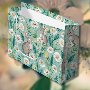 Cute Bunnies Sitting Among White Daisies Large Gift Bag
