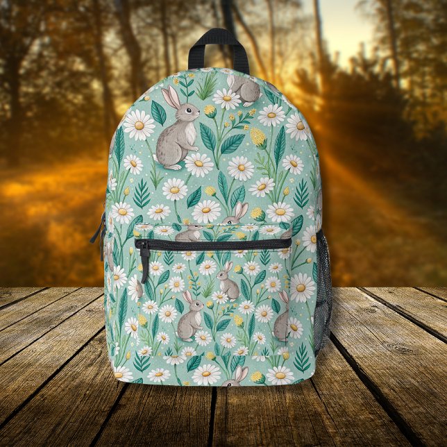 Cute Bunnies Sitting Among White Daisies Printed Backpack (Creator Uploaded)