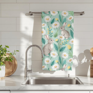 Cute Bunnies Sitting Among White Daisies Tea Towel
