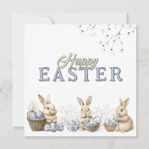Cute Bunnies & Toile Blue Easter Eggs  Holiday Card
