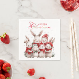 Cute Bunnies Winter Watercolor Merry Christmas Napkin