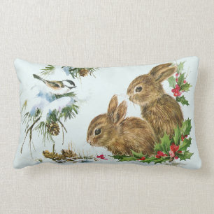 Cute Bunnies with Christmas Holly Berries Lumbar Cushion
