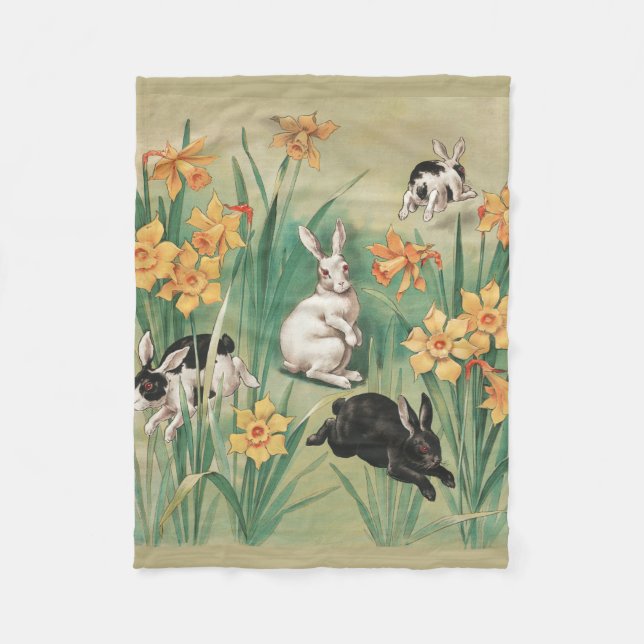 Cute Bunnies with Daffodil Flowers Antique Easter Fleece Blanket (Front)