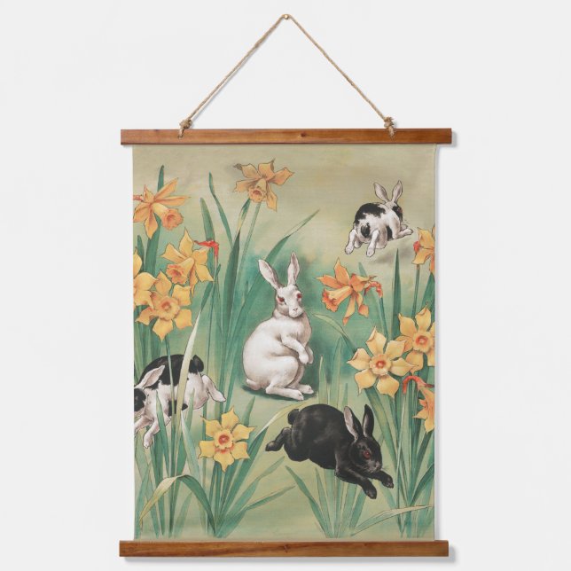Cute Bunnies with Daffodil Flowers Antique Easter Hanging Tapestry (Front)