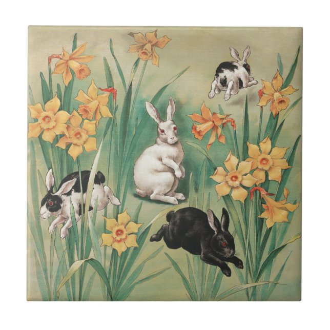 Cute Bunnies with Daffodil Flowers Antique Easter Tile (Front)