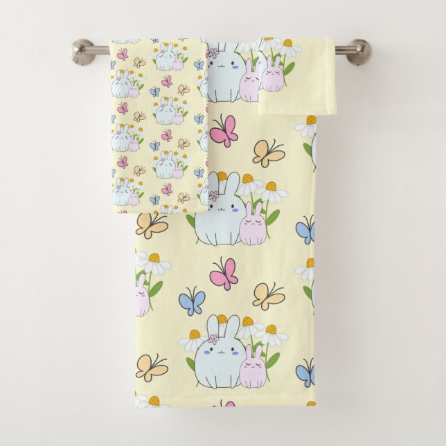 Cute Bunnies with Spring Daisies and Butterflies Bath Towel Set (Insitu)