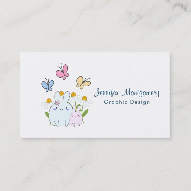 Cute Bunnies with Spring Daisies and Butterflies Business Card (Front)