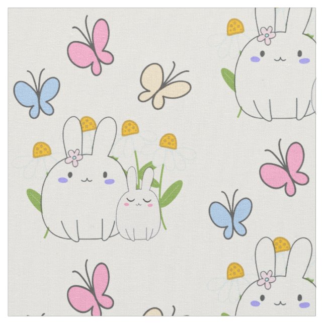 Cute Bunnies with Spring Daisies and Butterflies Fabric (Close Up)