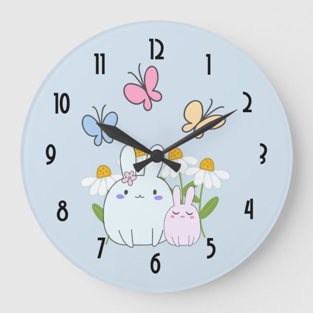 Cute Bunnies with Spring Daisies and Butterflies Large Clock (Front)
