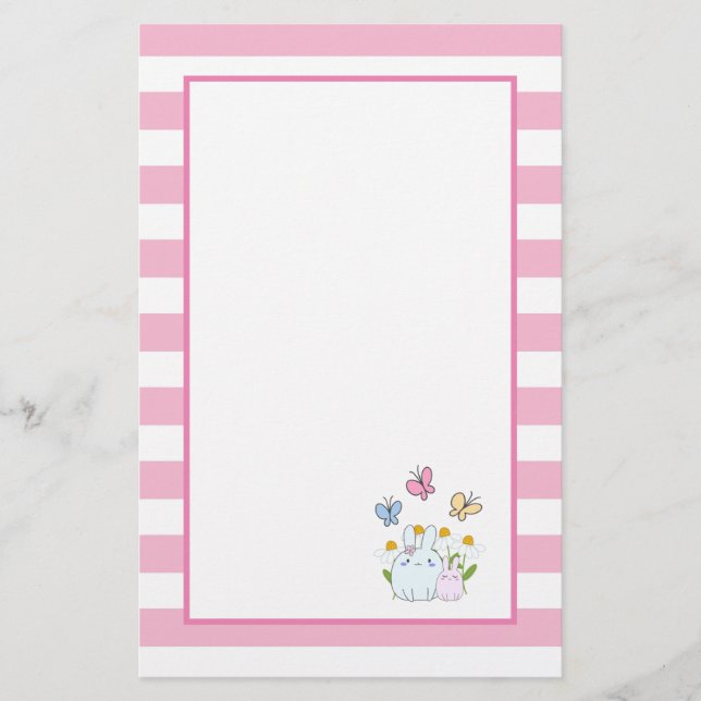 Cute Bunnies with Spring Daisies and Butterflies Stationery (Front)