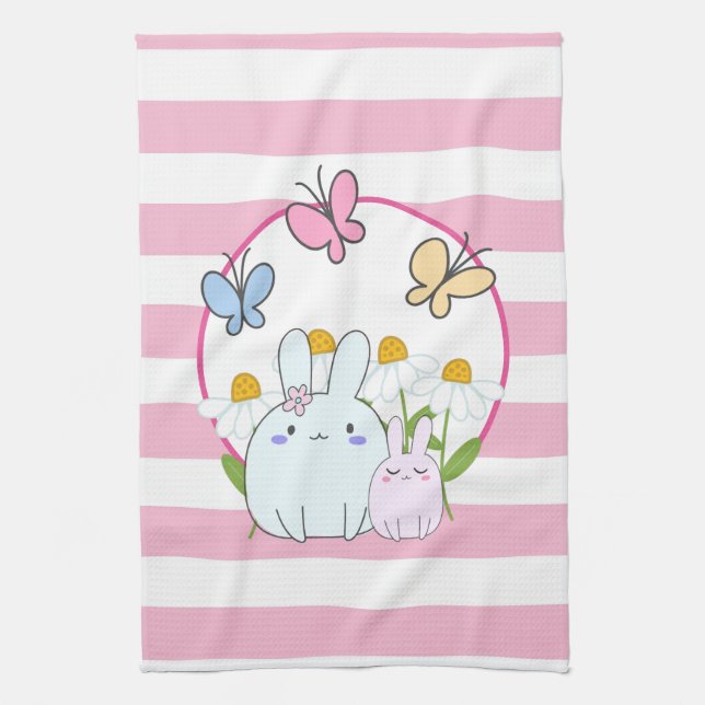 Cute Bunnies with Spring Daisies and Butterflies Tea Towel (Vertical)