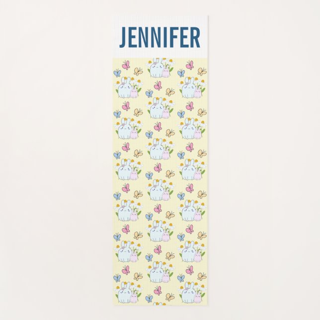 Cute Bunnies with Spring Daisies and Butterflies Yoga Mat (Front)