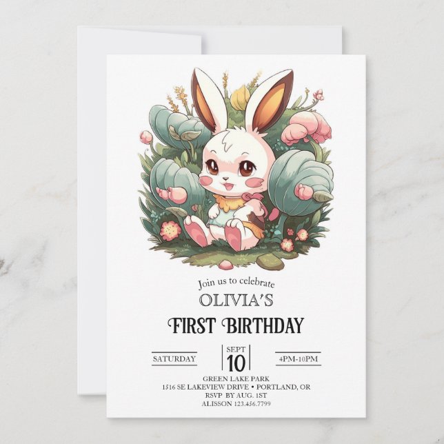 Cute Bunny 1st Birthday Digital Invitation (Front)