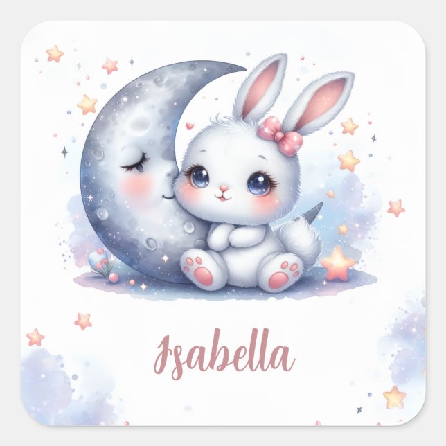 cute bunny and  a crescent moon square sticker (Front)