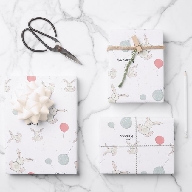 Cute Bunny and Balloons Easter Wrapping Paper Sheet (Front)