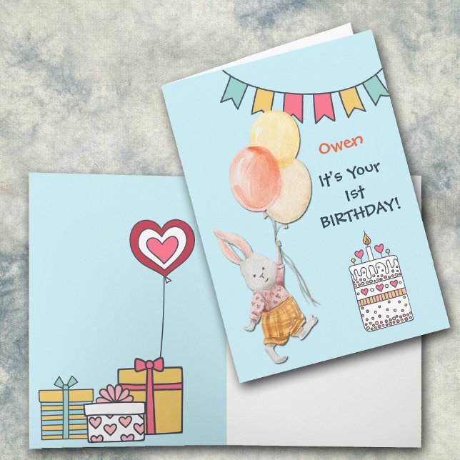 Cute Bunny and Balloons First Birthday Holiday Card (Creator Uploaded)