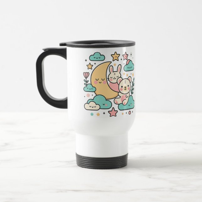 Cute Bunny and Bear Crescent Moon Travel Mug (Left)