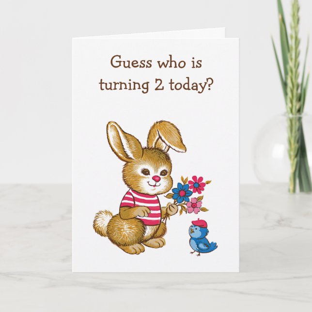 Cute Bunny and Bluebird Kids Second Birthday Card (Front)