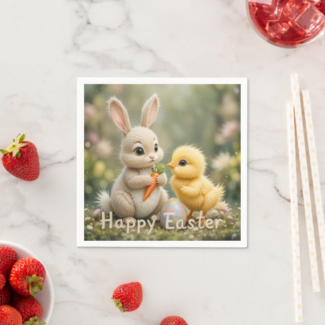 Cute Bunny and Chick Easter Scene Napkin (Insitu)