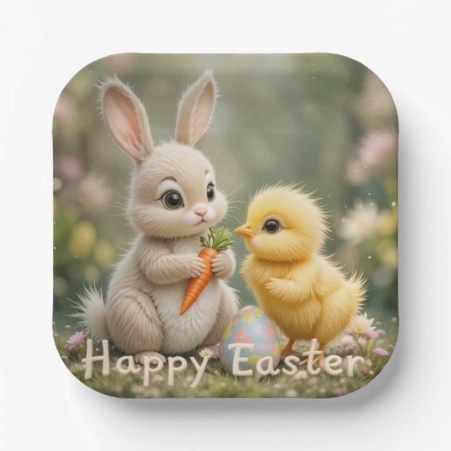 Cute Bunny and Chick Easter Scene Paper Plate (Front)