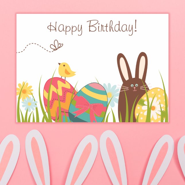 Cute Bunny and Decorated Eggs Happy Birthday Card (Creator Uploaded)