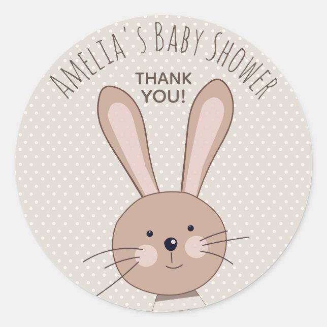 Cute Bunny and Dots Baby Shower Classic Round Sticker (Front)