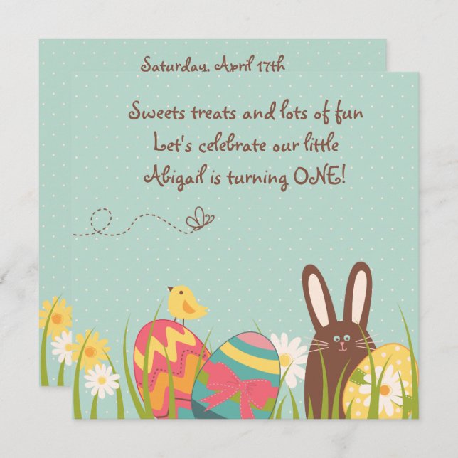 Cute Bunny and Easter Eggs 1st Birthday Invitation (Front/Back)