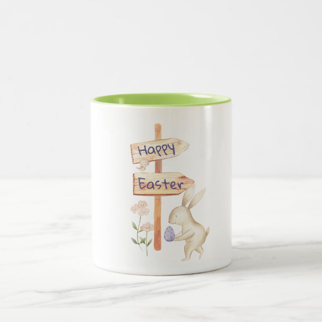 Cute Bunny and Egg Happy Easter Two-Tone Coffee Mug (Center)