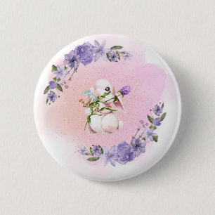 Cute Bunny and Flowers   6 Cm Round Badge