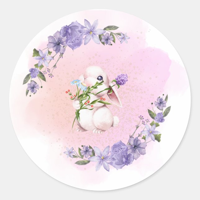 Cute Bunny and Flowers Classic Round Sticker (Front)