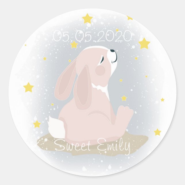 Cute Bunny and gold stars. Classic Round Sticker (Front)