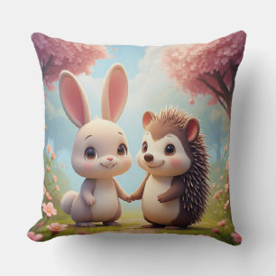Cute Bunny And Hedgehog Holding Hands Cushion